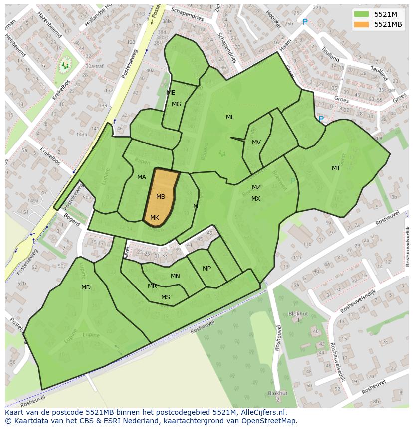 Afbeelding van het postcodegebied 5521 MB op de kaart.