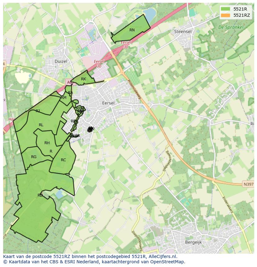 Afbeelding van het postcodegebied 5521 RZ op de kaart.