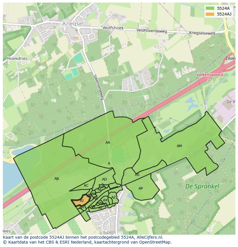 Afbeelding van het postcodegebied 5524 AJ op de kaart.