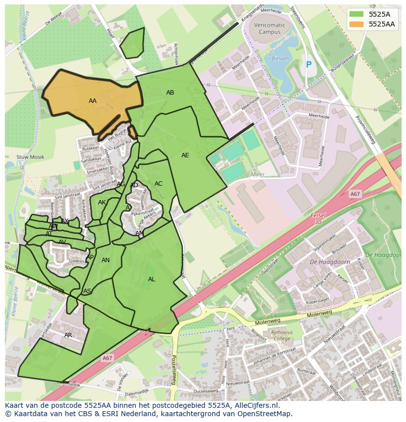 Afbeelding van het postcodegebied 5525 AA op de kaart.