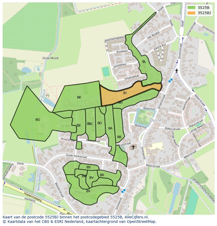 Afbeelding van het postcodegebied 5525 BJ op de kaart.