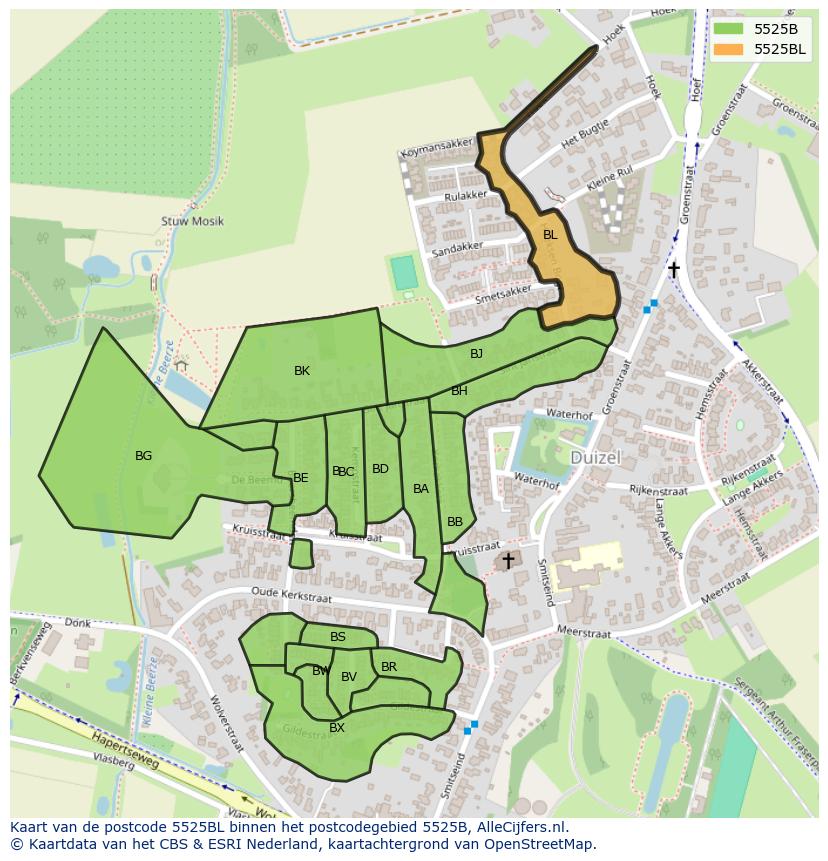 Afbeelding van het postcodegebied 5525 BL op de kaart.