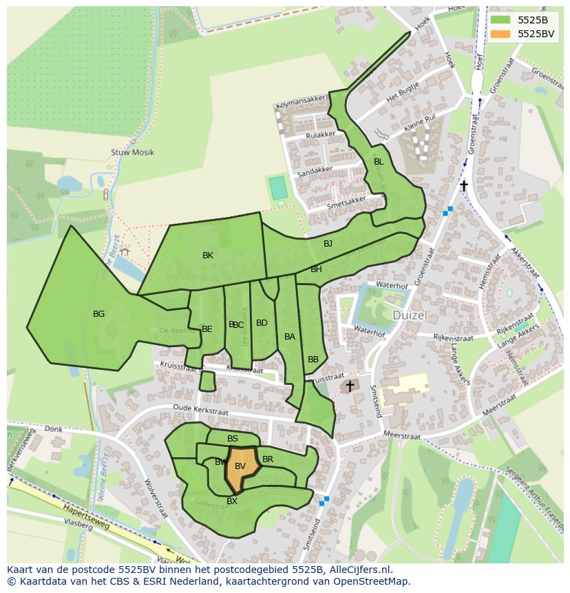 Afbeelding van het postcodegebied 5525 BV op de kaart.