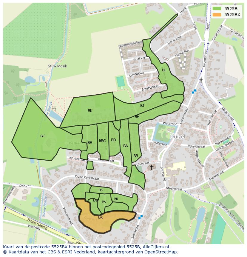 Afbeelding van het postcodegebied 5525 BX op de kaart.