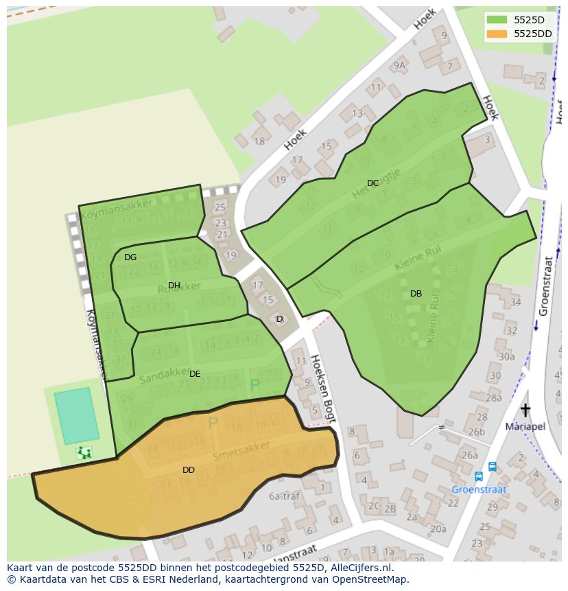 Afbeelding van het postcodegebied 5525 DD op de kaart.