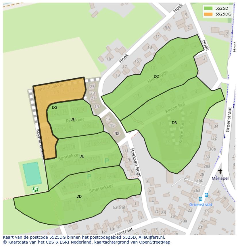Afbeelding van het postcodegebied 5525 DG op de kaart.