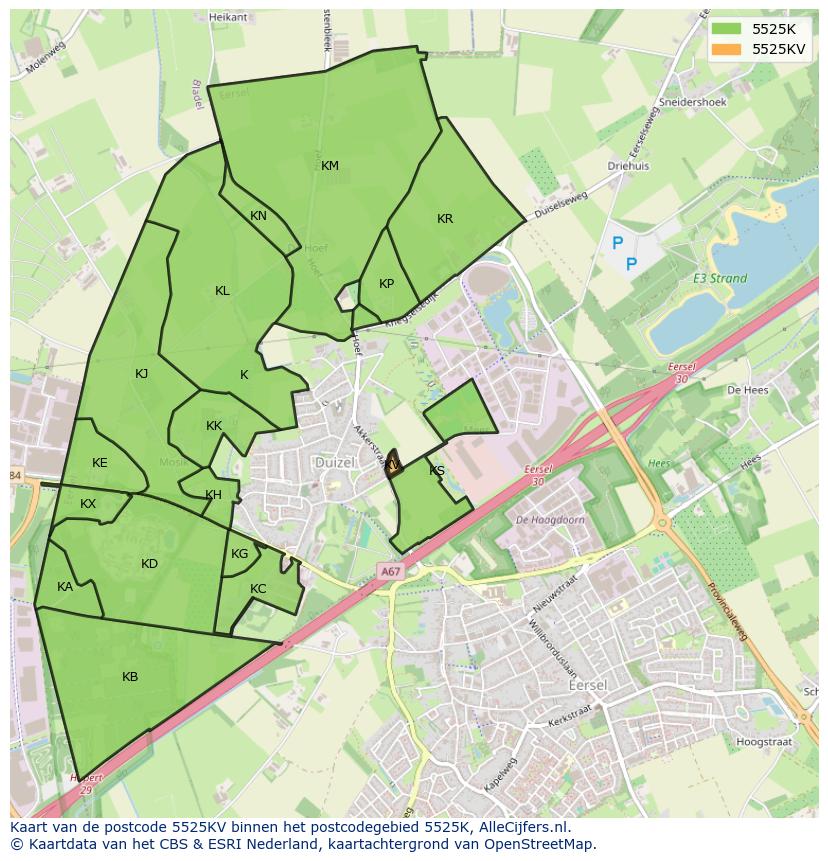 Afbeelding van het postcodegebied 5525 KV op de kaart.