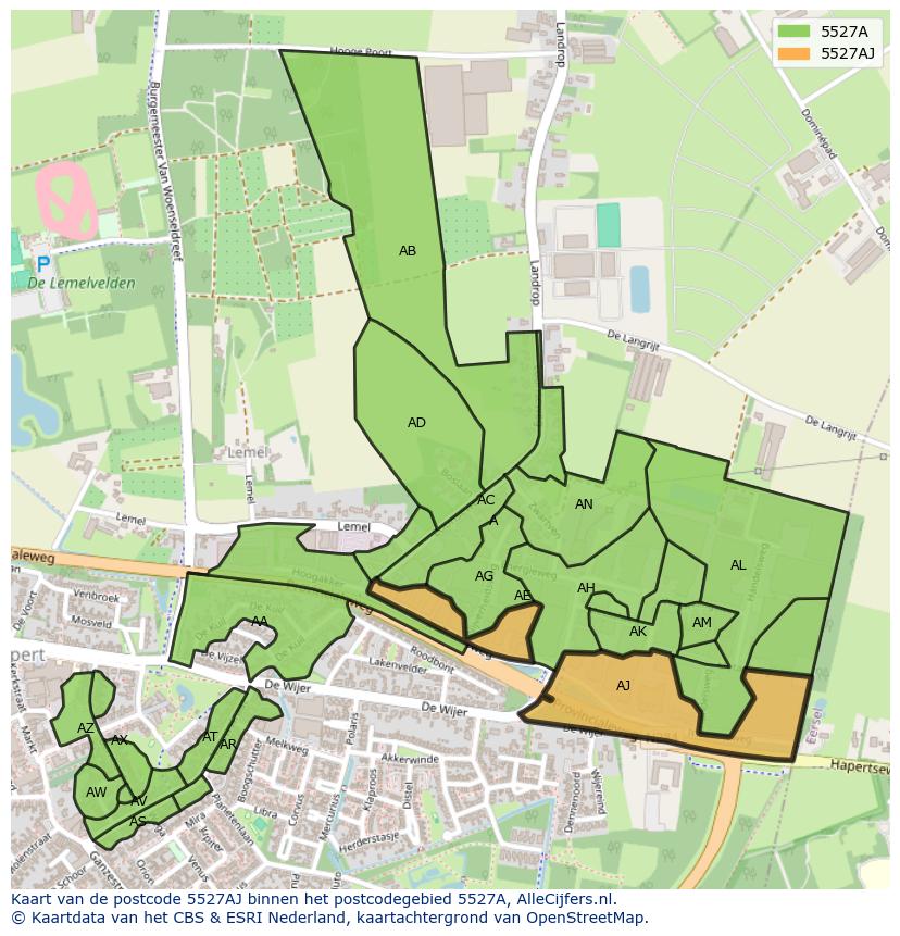 Afbeelding van het postcodegebied 5527 AJ op de kaart.