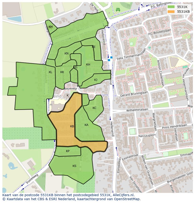 Afbeelding van het postcodegebied 5531 KB op de kaart.