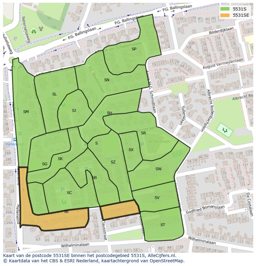 Afbeelding van het postcodegebied 5531 SE op de kaart.