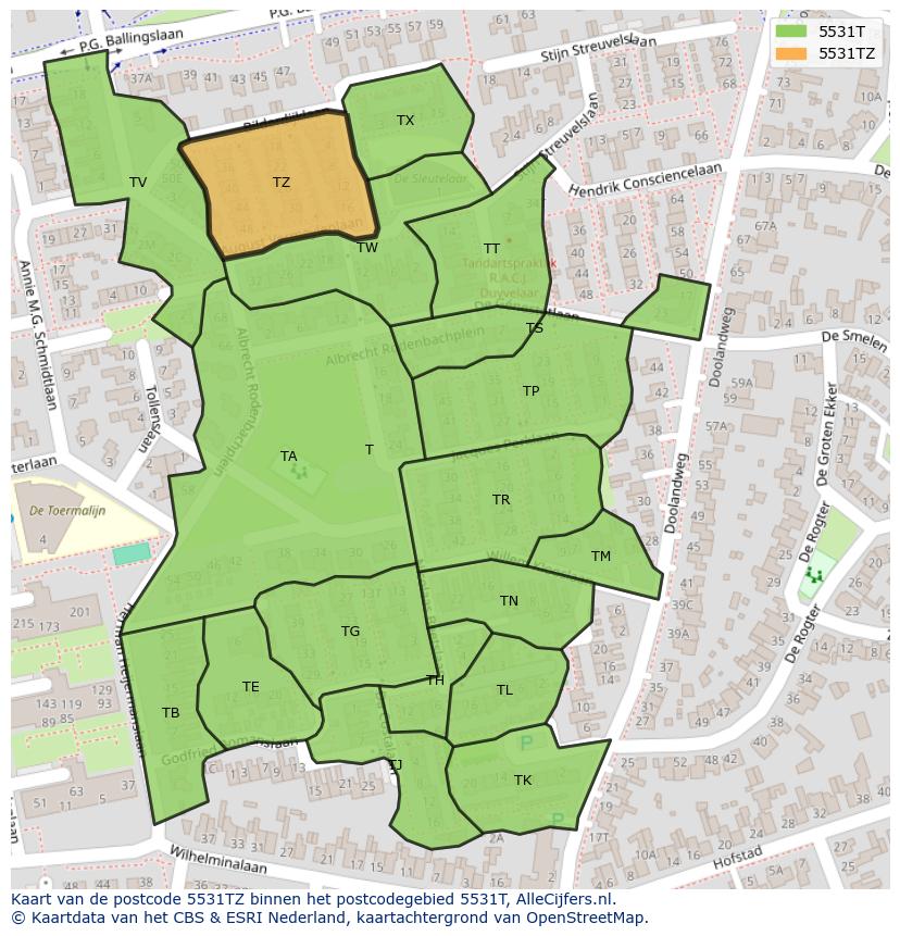 Afbeelding van het postcodegebied 5531 TZ op de kaart.
