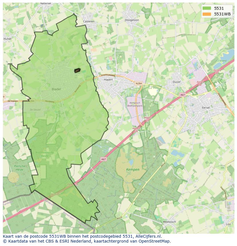 Afbeelding van het postcodegebied 5531 WB op de kaart.