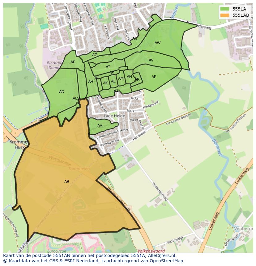 Afbeelding van het postcodegebied 5551 AB op de kaart.