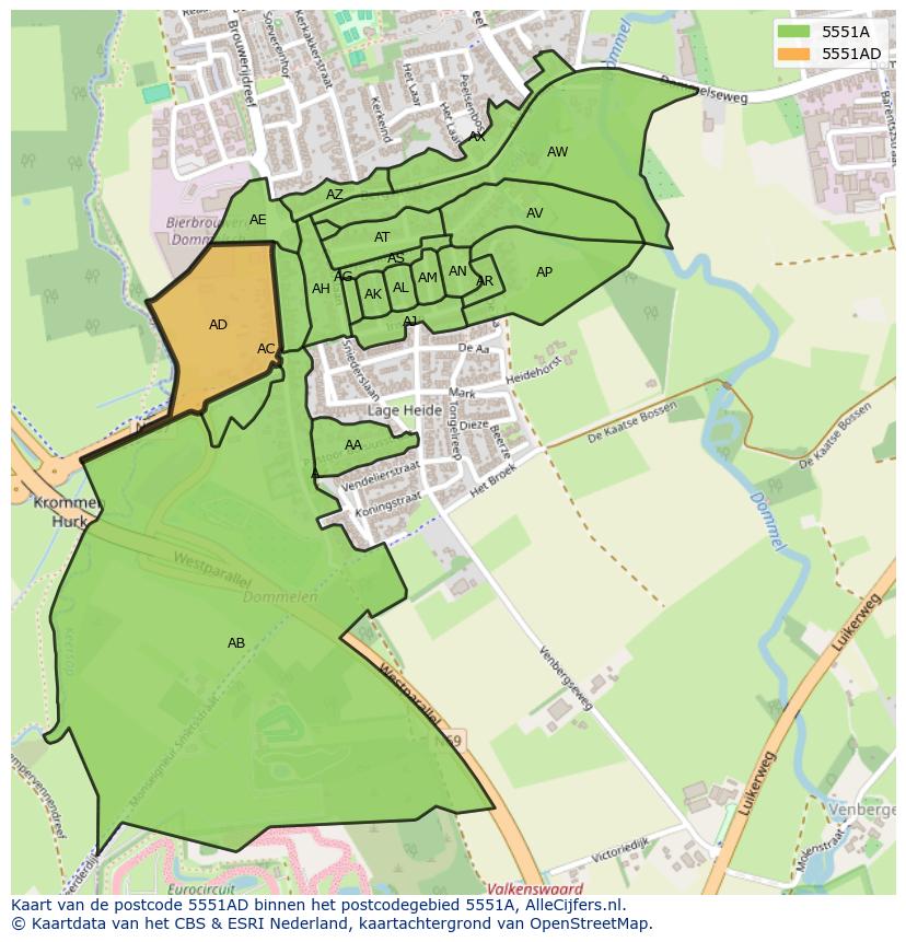 Afbeelding van het postcodegebied 5551 AD op de kaart.