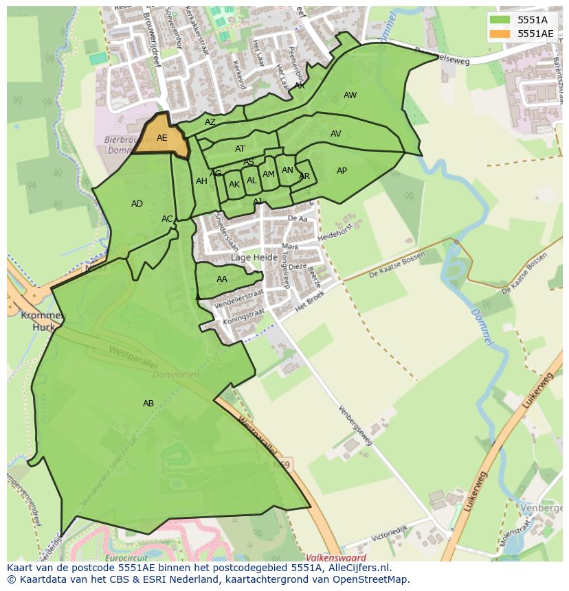 Afbeelding van het postcodegebied 5551 AE op de kaart.