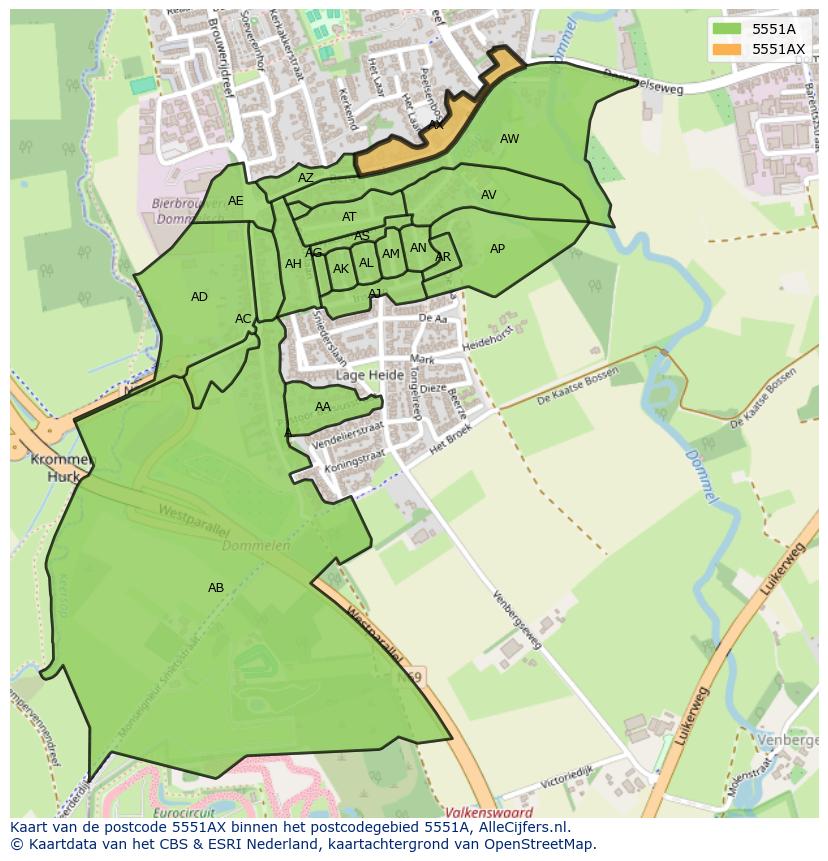 Afbeelding van het postcodegebied 5551 AX op de kaart.