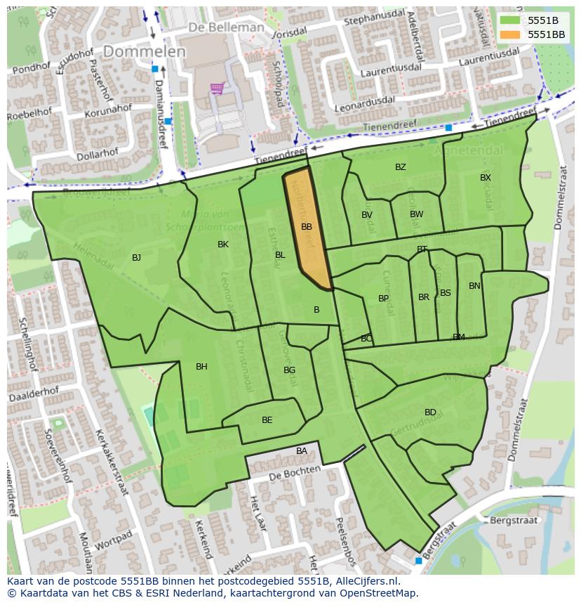 Afbeelding van het postcodegebied 5551 BB op de kaart.