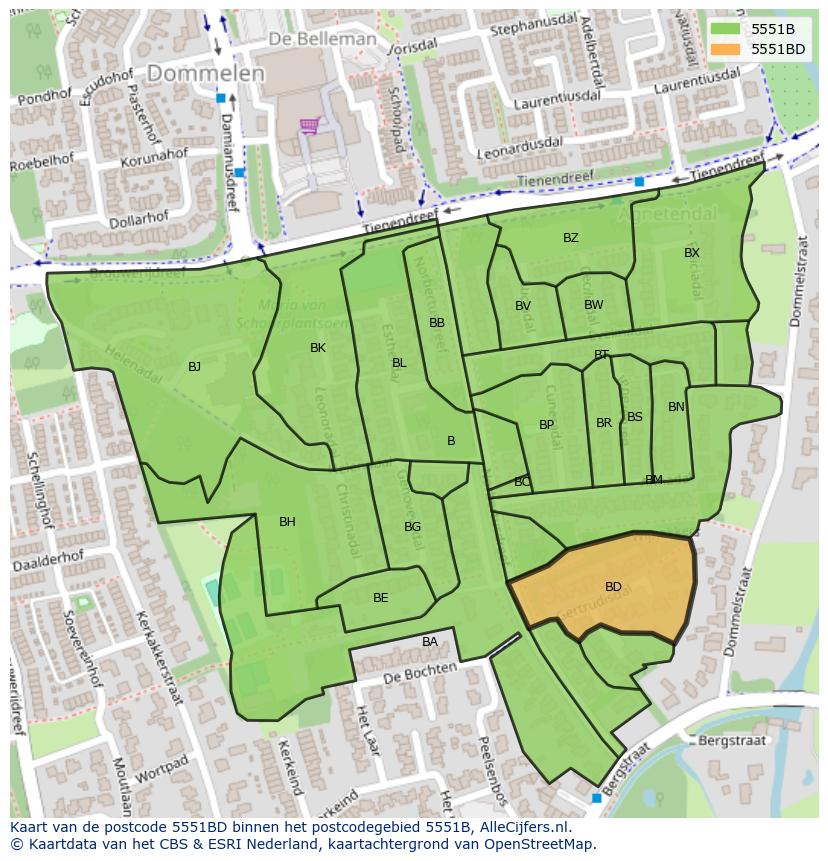 Afbeelding van het postcodegebied 5551 BD op de kaart.