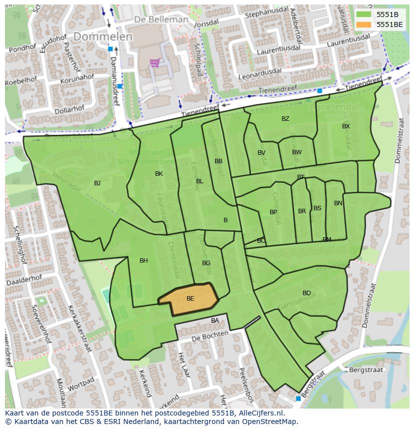 Afbeelding van het postcodegebied 5551 BE op de kaart.