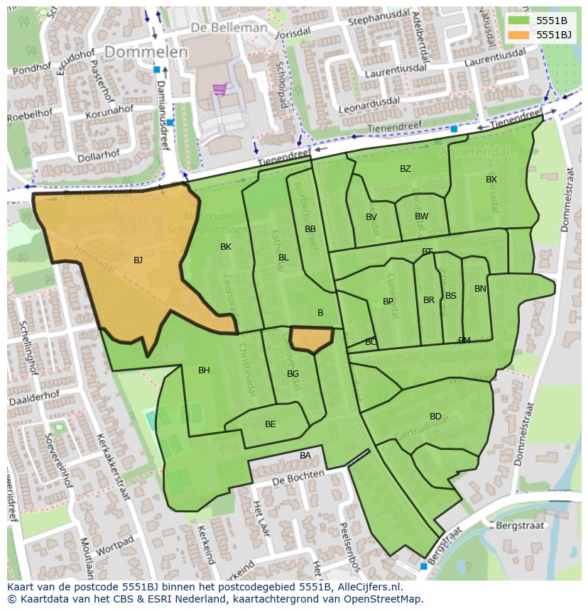 Afbeelding van het postcodegebied 5551 BJ op de kaart.