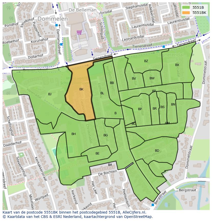 Afbeelding van het postcodegebied 5551 BK op de kaart.