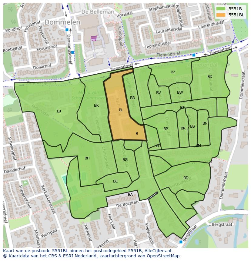 Afbeelding van het postcodegebied 5551 BL op de kaart.