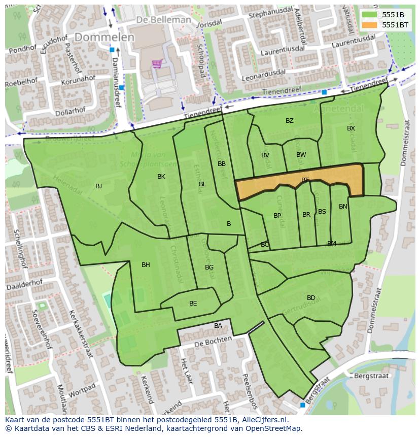 Afbeelding van het postcodegebied 5551 BT op de kaart.