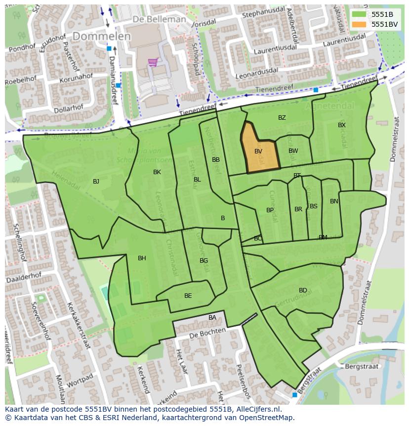 Afbeelding van het postcodegebied 5551 BV op de kaart.