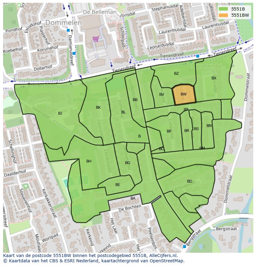 Afbeelding van het postcodegebied 5551 BW op de kaart.