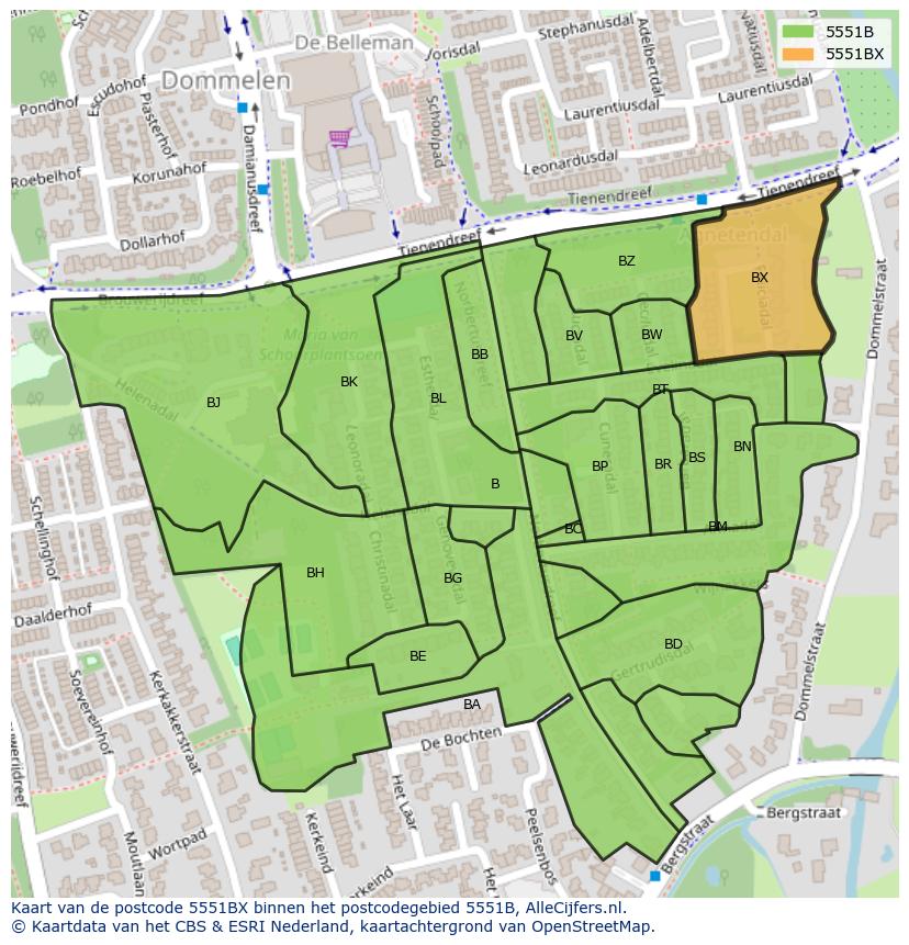 Afbeelding van het postcodegebied 5551 BX op de kaart.
