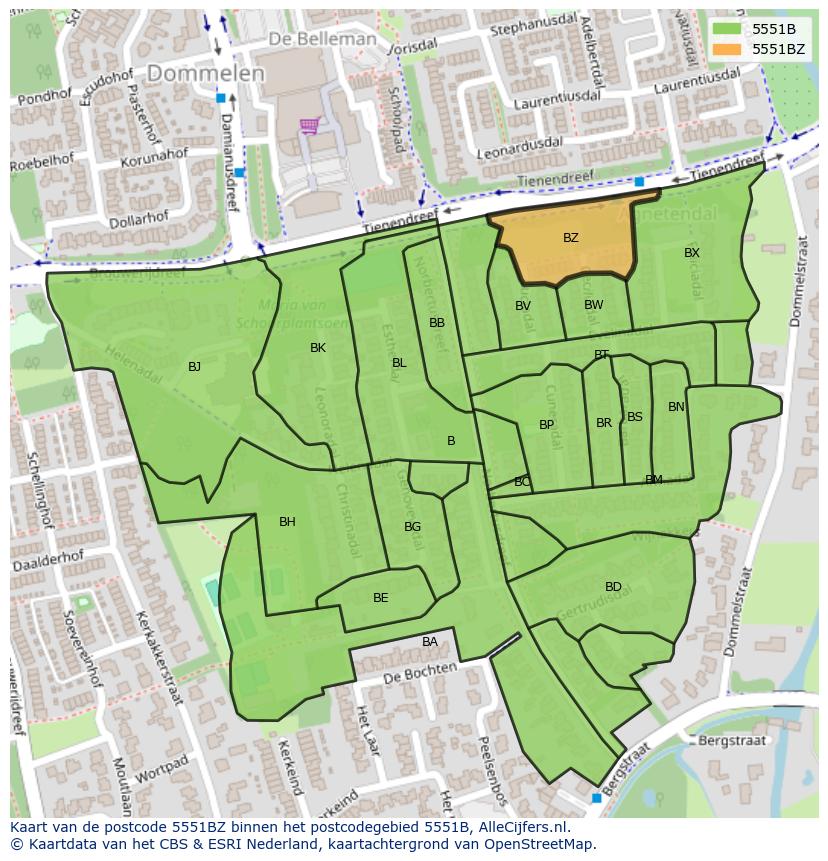 Afbeelding van het postcodegebied 5551 BZ op de kaart.