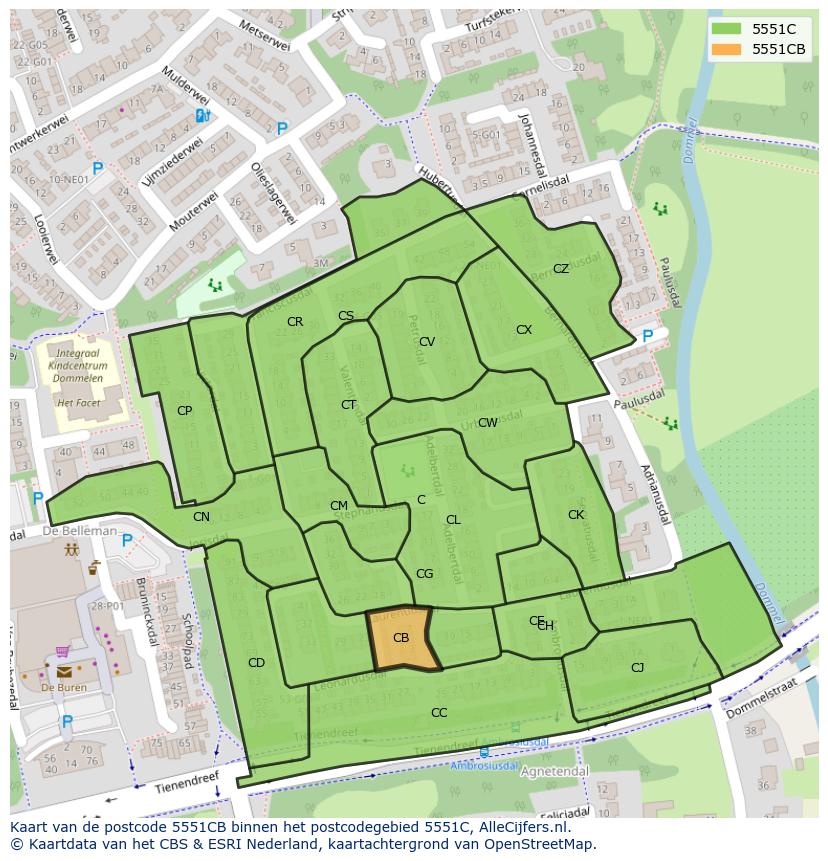 Afbeelding van het postcodegebied 5551 CB op de kaart.