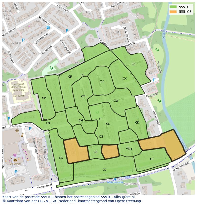 Afbeelding van het postcodegebied 5551 CE op de kaart.