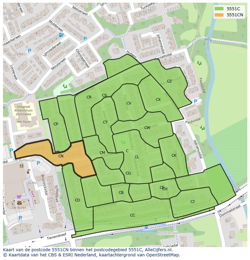 Afbeelding van het postcodegebied 5551 CN op de kaart.