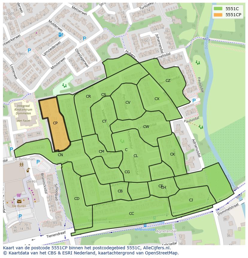 Afbeelding van het postcodegebied 5551 CP op de kaart.