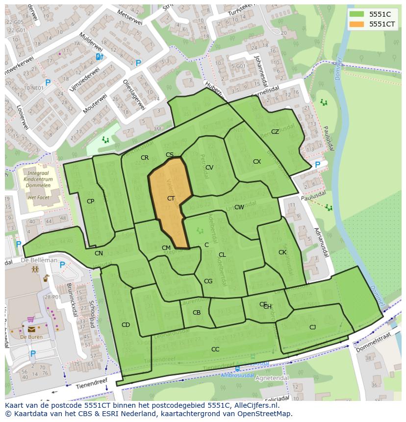 Afbeelding van het postcodegebied 5551 CT op de kaart.