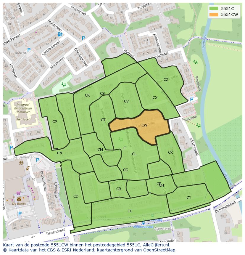 Afbeelding van het postcodegebied 5551 CW op de kaart.