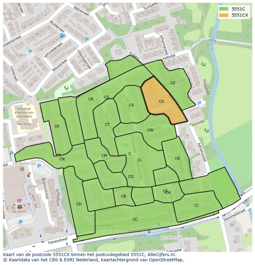 Afbeelding van het postcodegebied 5551 CX op de kaart.