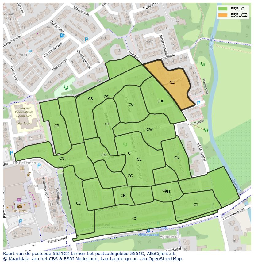 Afbeelding van het postcodegebied 5551 CZ op de kaart.