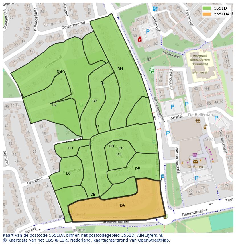 Afbeelding van het postcodegebied 5551 DA op de kaart.