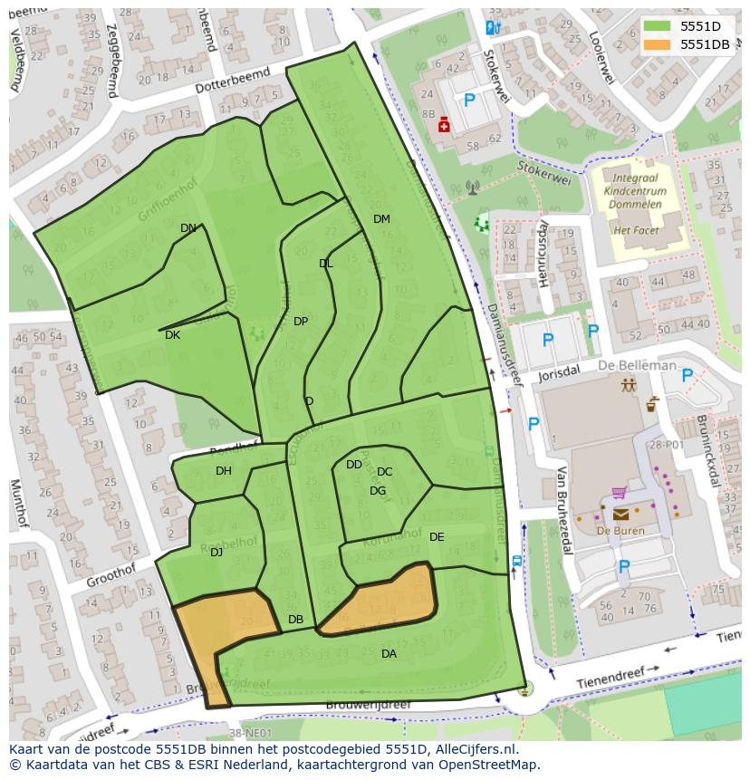 Afbeelding van het postcodegebied 5551 DB op de kaart.