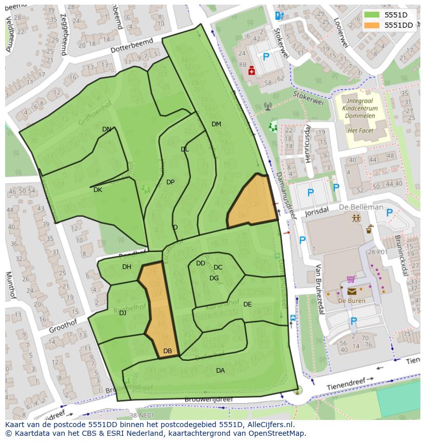 Afbeelding van het postcodegebied 5551 DD op de kaart.