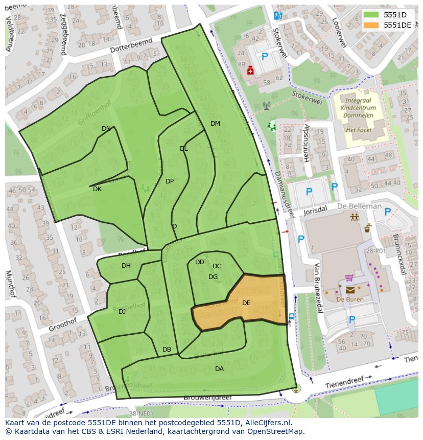 Afbeelding van het postcodegebied 5551 DE op de kaart.