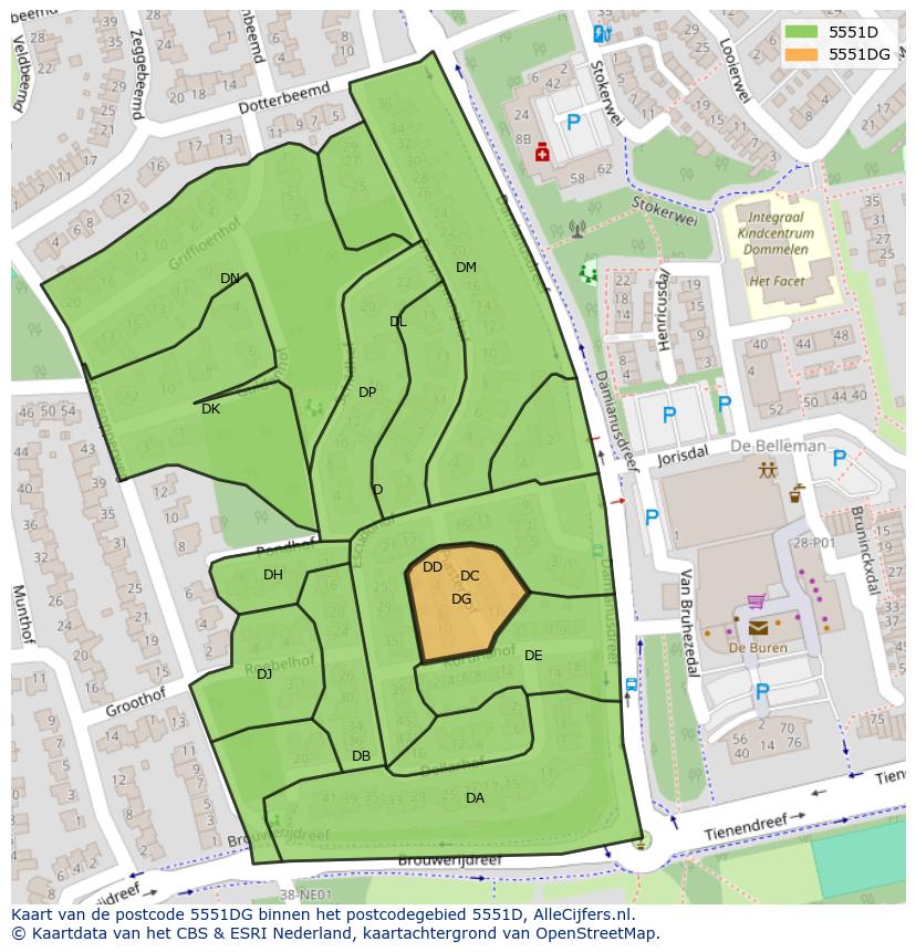 Afbeelding van het postcodegebied 5551 DG op de kaart.