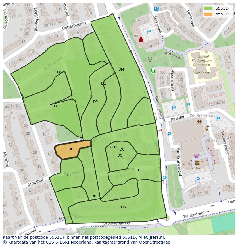 Afbeelding van het postcodegebied 5551 DH op de kaart.