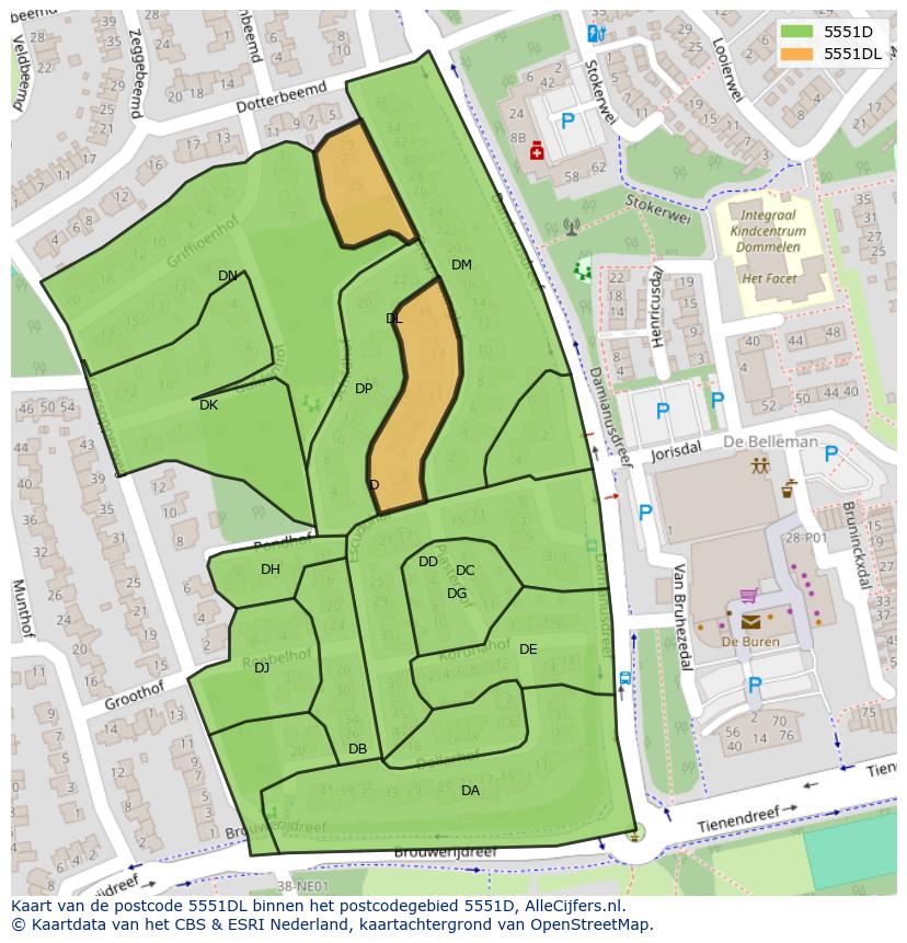 Afbeelding van het postcodegebied 5551 DL op de kaart.