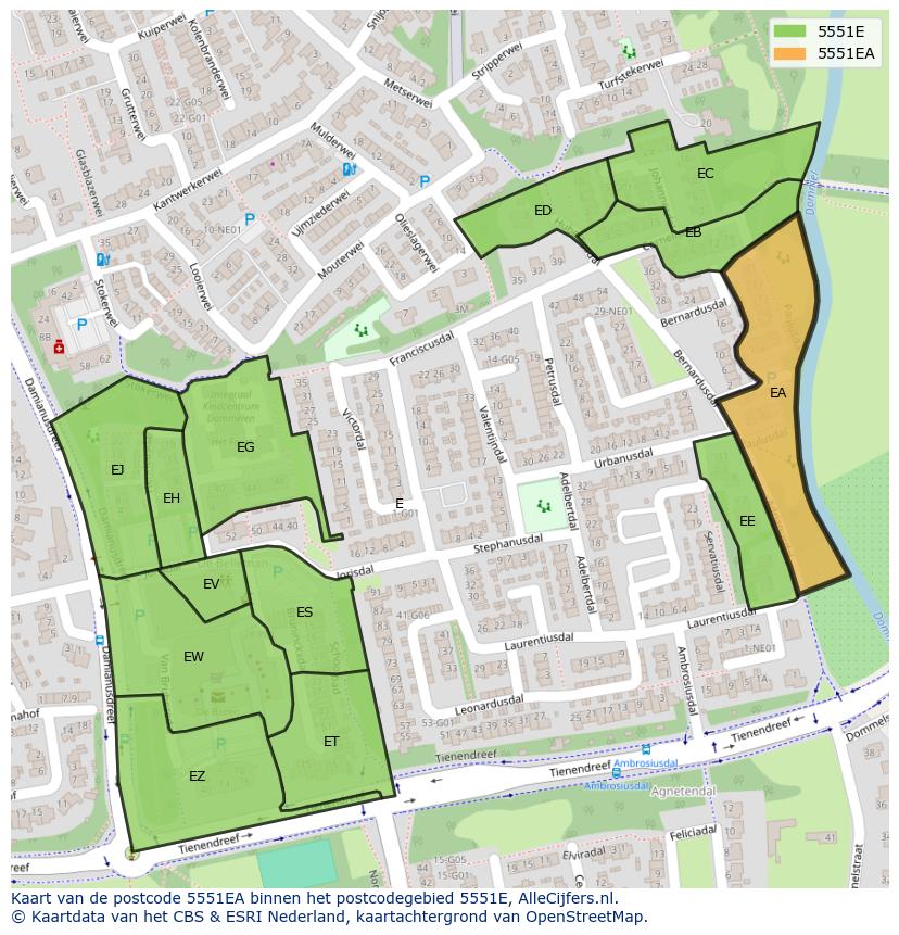 Afbeelding van het postcodegebied 5551 EA op de kaart.