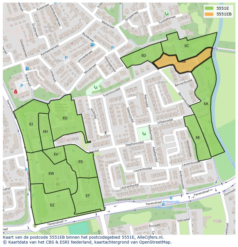Afbeelding van het postcodegebied 5551 EB op de kaart.