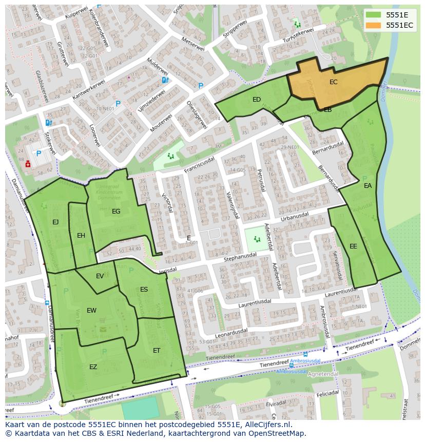 Afbeelding van het postcodegebied 5551 EC op de kaart.