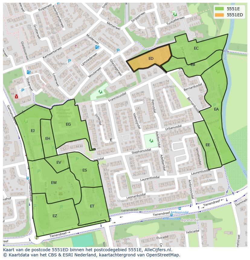 Afbeelding van het postcodegebied 5551 ED op de kaart.